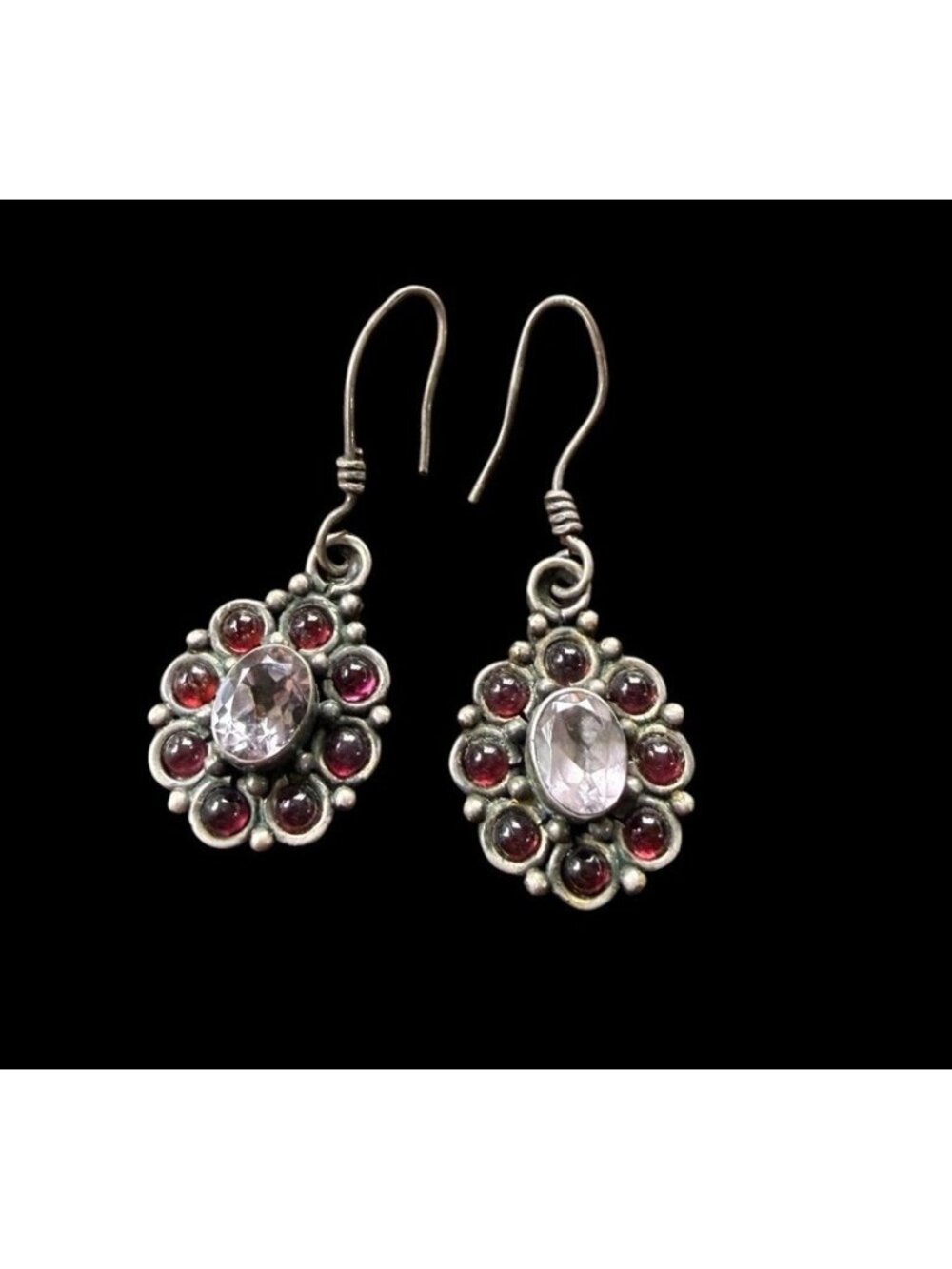 Vintage Sterling Silver 925 Amethyst Garnet Teardrop Dangle Earrings